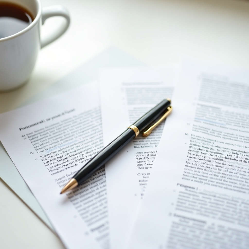 Close-up of consumer protection document pages with a pen resting on top, soft focus background, professional legal context