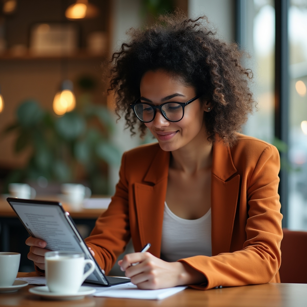 Person reading consumer rights information about gift cards on a tablet in a bright modern setting