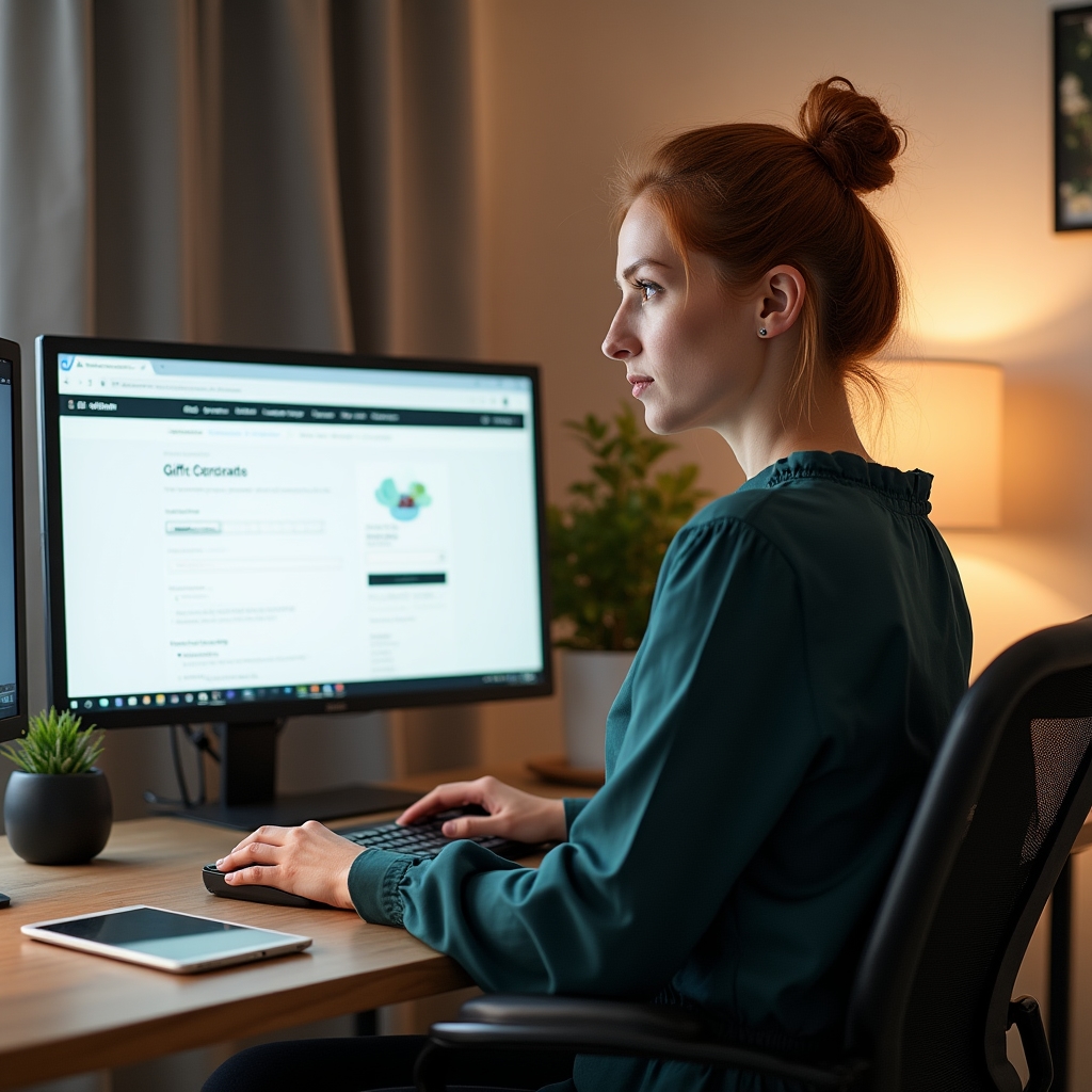 Wide shot of a person at a desk completing an online purchase checkout using a gift card, multiple browser windows visible on screen
