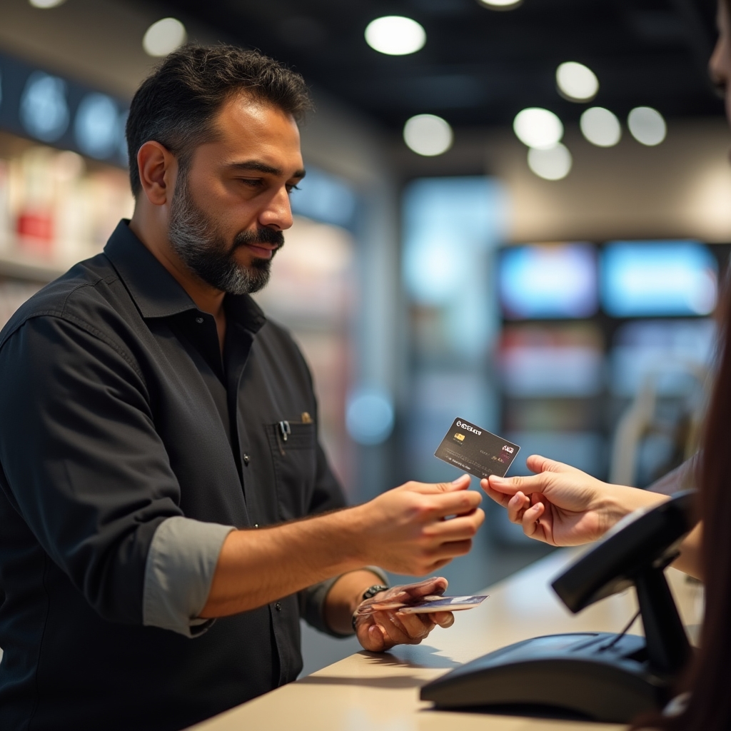 Cashier processing a split payment transaction combining a gift card and debit card